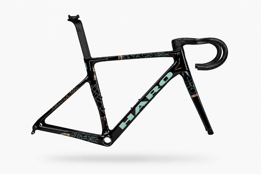 Partimos Carbon Frameset “Grid” by Haro Bikes: black frame, turquoise logo, abstract patterns, Titanium Flash Green decals.