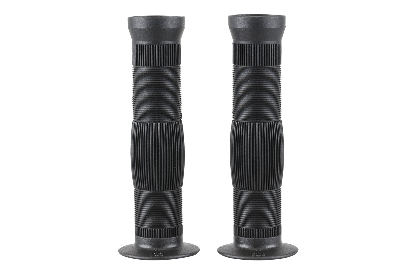 Two Premium Hand Sanitizer Grips with ribbed textures and horizontal grooves stand upright against a white background, featuring an open end for easy installation and ensuring a secure hold on handlebars.