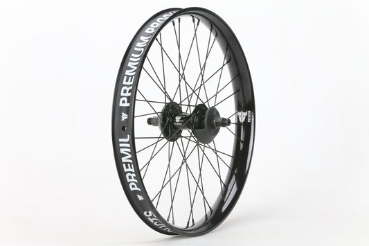 A black bicycle wheel featuring silver spokes and a black hub is shown. The rim displays PREMIUM PRODUCTS in white capital letters, aligning with the quality of Signature-Laufräder. This Curb Cutter Planetary Rear Wheel from Premium stands upright against a plain white background.