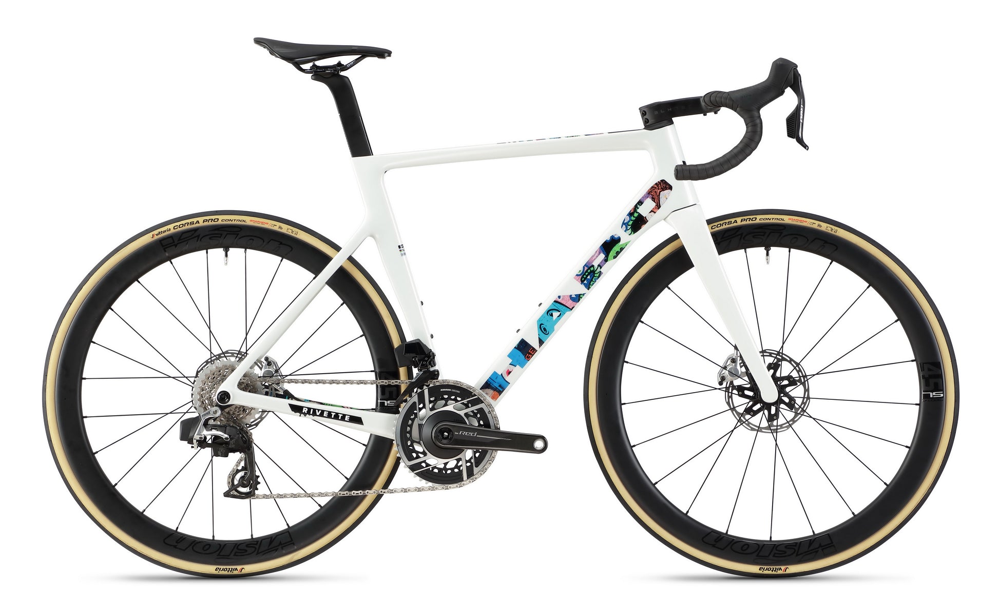 Rivette Carbon EP Edition: Haro Bikes white road bike with street art design, Vision Metron 45 SL wheels, and SRAM RED black handlebars.