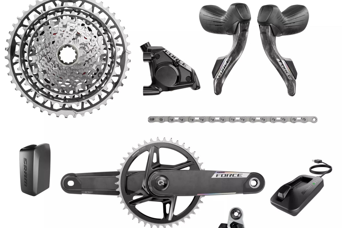 SRAM Force XPLR AXS E1 drivetrain components, including a cassette, brake levers, calipers, chain, crankset, battery, and charger.