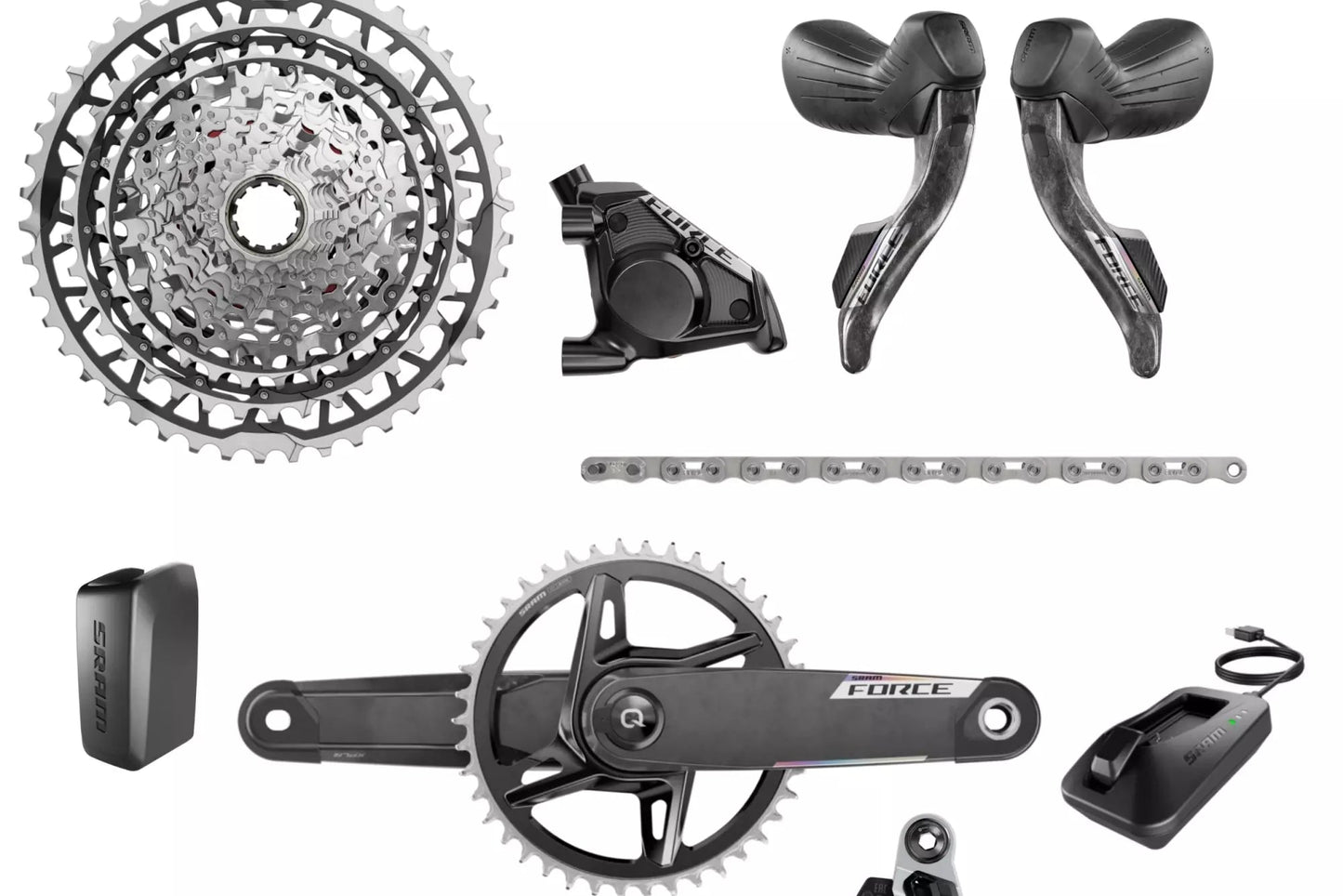 Haro Bikes Transmission Built Kit Gravel SRAM Force XPLR AXS E1 components arranged on a white background.