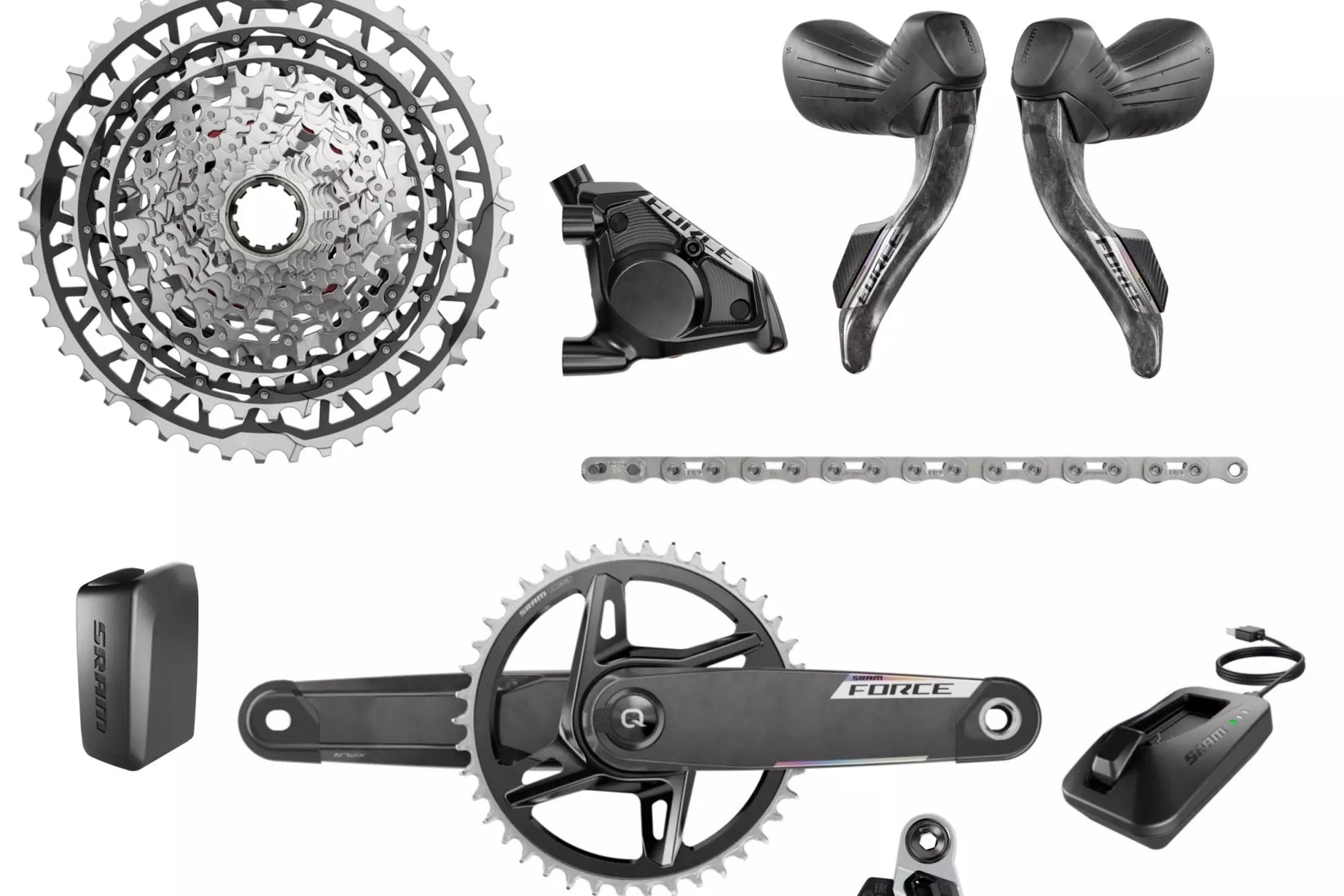 Haro Bikes Transmission Built Kit Gravel SRAM Force XPLR AXS E1 components arranged on a white background.