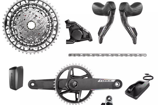 Haro Bikes Transmission Built Kit Gravel SRAM Force XPLR AXS E1 components arranged on a white background.