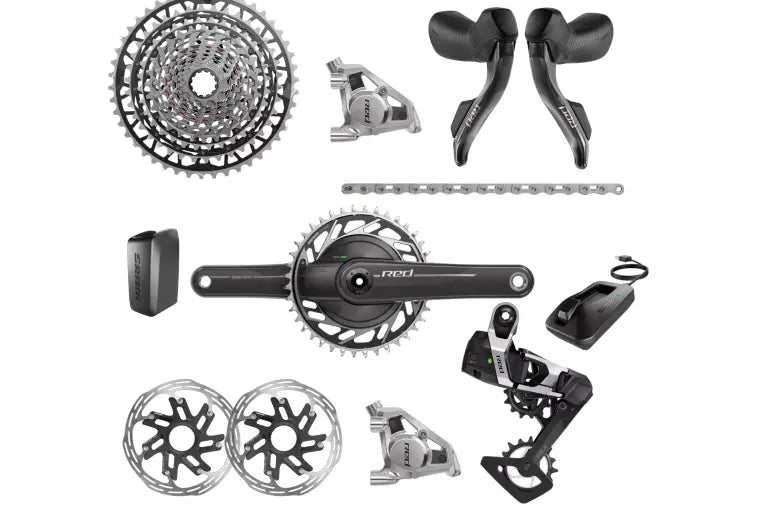 Haro Bikes Transmission Built Kit Gravel SRAM Red XPLR AXS E1 includes shifters, crankset, cassette, derailleur, brakes, and rotors.
