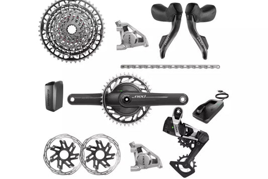 Haro Bikes Transmission Built Kit Gravel SRAM Red XPLR AXS E1 includes shifters, crankset, cassette, derailleur, brakes, and rotors.