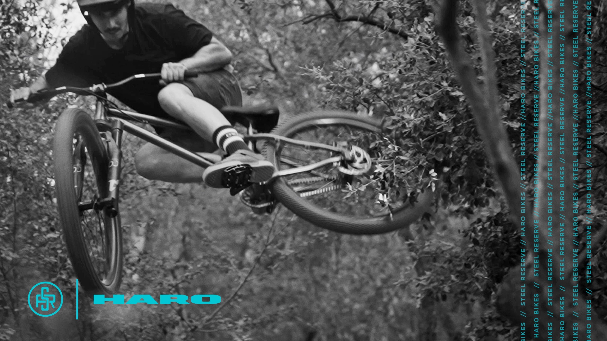 A cyclist performs a high jump on a mountain bike in a wooded area. The bike is angled parallel to the ground. The background is filled with trees and blurred foliage. The word HARO and branding details are visible on the right side.