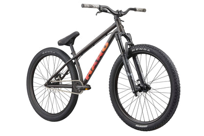 A black HARO Steel Reserve TS Freestyle-Mountainbike with wide tires and thick frame shown on a white background.