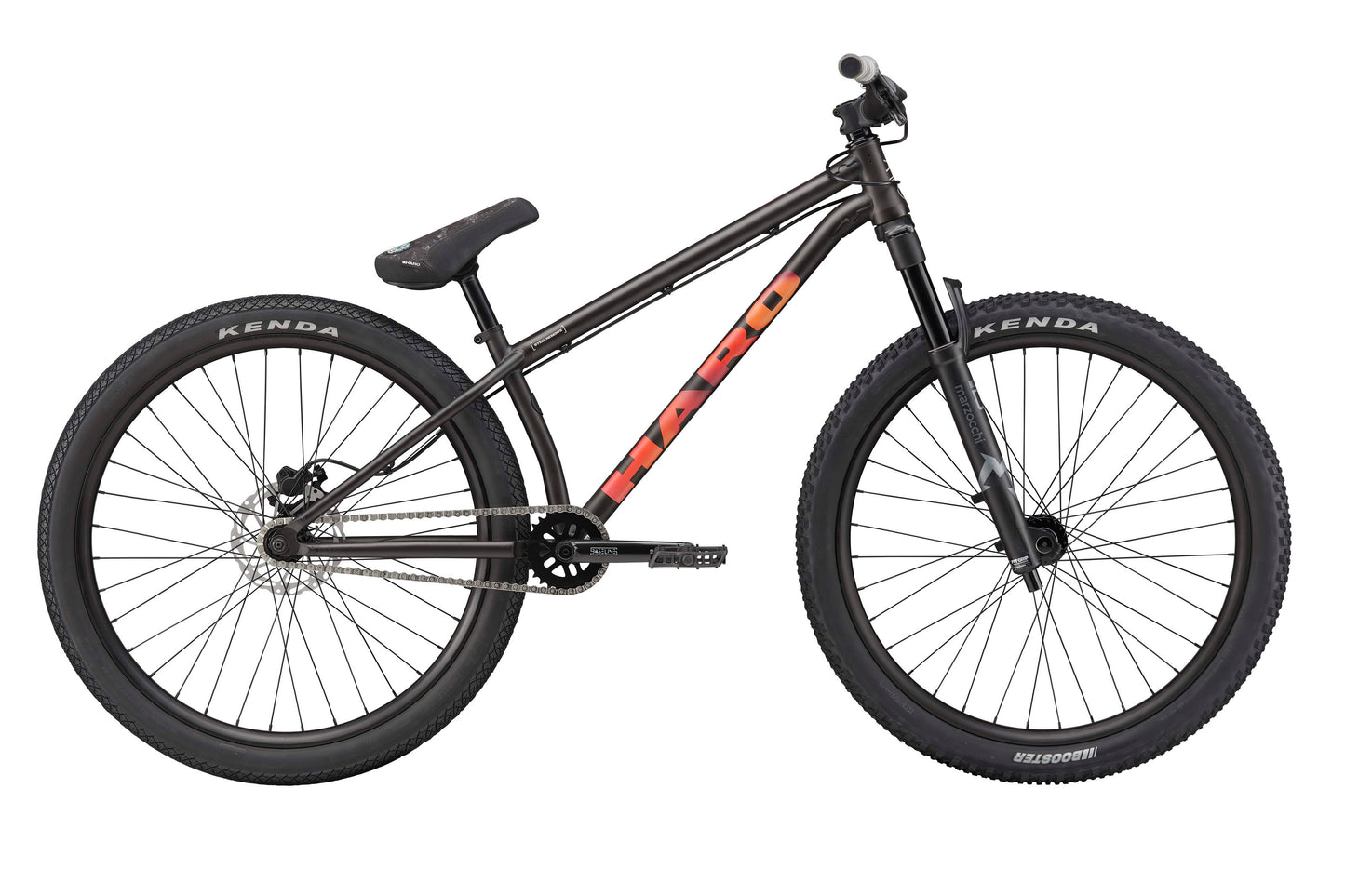 The HARO Steel Reserve TS is a black BMX Dirt Jumper with large tires, Chromoly frame, and front and rear hand brakes.