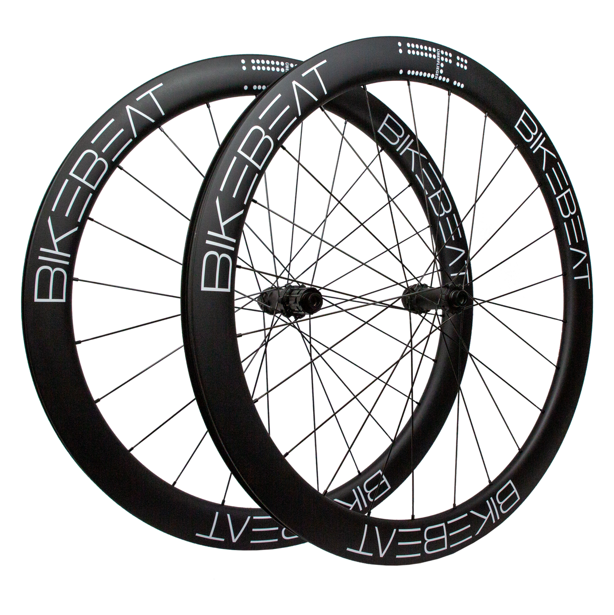 Bike Beat Überflieger Pro 50 Disc deep-rim carbon fiber bicycle wheels with black spokes and white lettering.