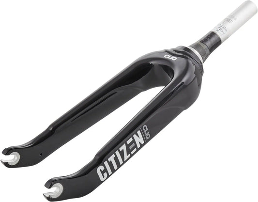 Black carbon fiber fork, glossy with CITIZEN and GMD logos, by Haro Bikes. Model: Cliq Citizen Carbon Gabel - 10mm, tapered steerer.