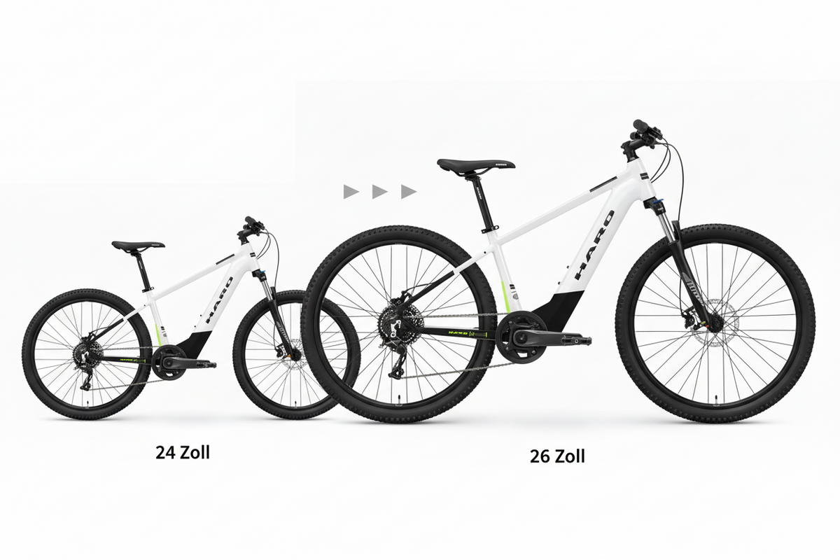 Two Haro Bikes eKids I/O 24/26 E-Bikes with 24″ & 26″ wheels for youth, side by side on white, perfect as mitwachsendes E-Bike.