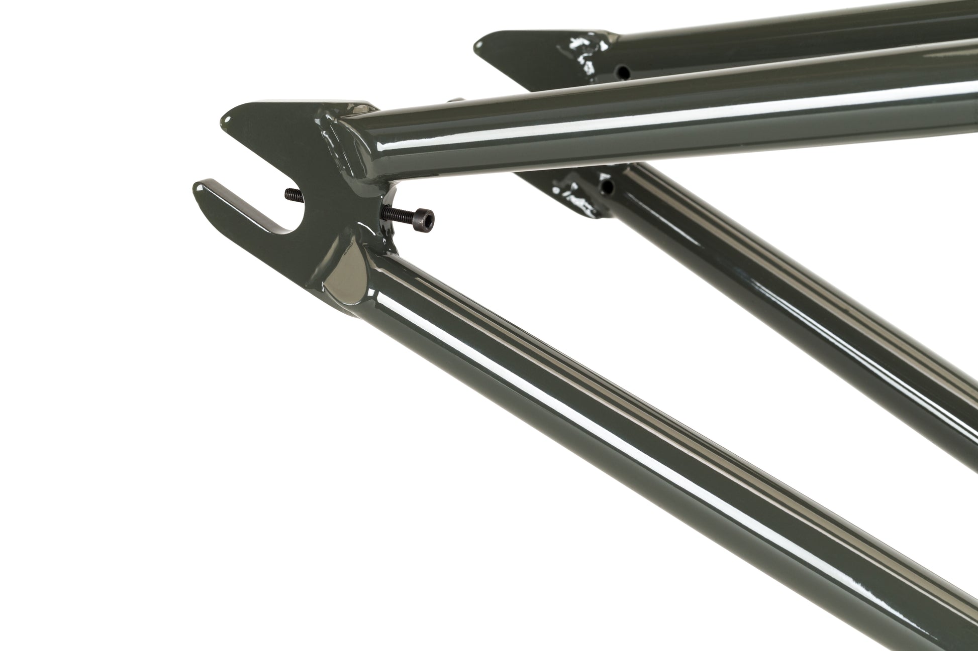 Close-up of the glossy green "Dennis Enarson SD" V3 Rahmen by Haro Bikes in 4130 Chromoly, showing dropout and rear triangle.