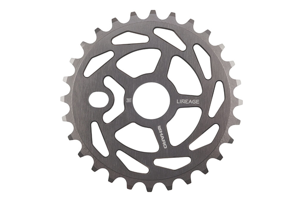 A 28T metal BMX sprocket by Haro Bikes, made of 6061 Aluminum, with LINEAGE and SHARO engravings.