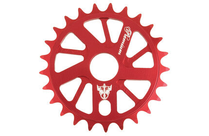 PREMIUM GNARSTAR KETTENBLATT, red CNC-gefräst 7075-T6 Aluminium sprocket, with multiple teeth, cut-out design, logo, and script text.