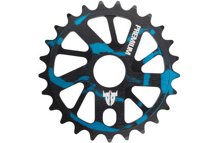 The PREMIUM GNARSTAR KETTENBLATT, CNC-milled from 7075-T6 aluminum, features a black and blue design with the PREMIUM logo.