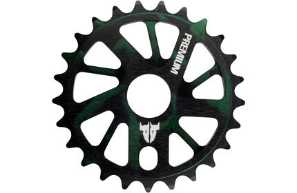 The PREMIUM GNARSTAR KETTENBLATT is a black and green CNC-milled sprocket with a wolf logo, made of 7075-T6 Aluminium.