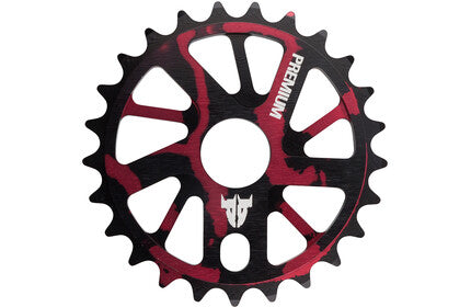 A black-red CNC-gefräst 7075-T6 aluminum sprocket with PREMIUM on one spoke from PREMIUM GNARSTAR KETTENBLATT.