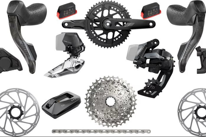 Haro Bikes Transmission Build Kit Road SRAM Rival AXS includes levers, derailleurs, cassette, chain, crankset, batteries, rotors & charger.