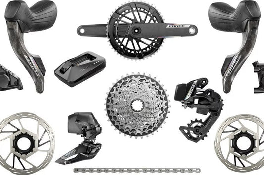 Haro Bikes Transmission Build Kit Road SRAM Force AXS: shifters, crankset, derailleurs, cassette, chain & rotors on white.