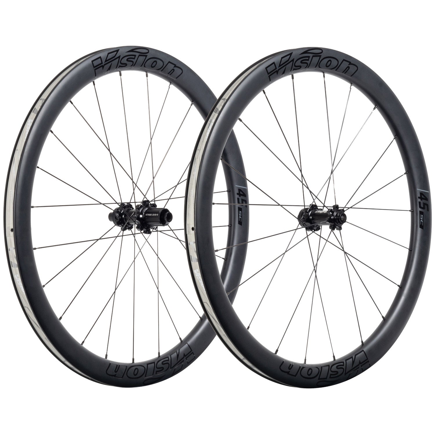 A pair of Haro Bikes Wheelset Road Built Kit Vision SC 45, carbon disc wheels with deep rims and thin spokes, standing upright.