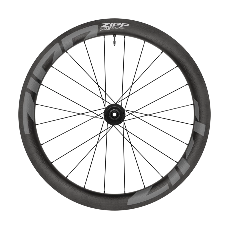 A Haro Bikes Wheelset Gravel Built Kit ZIPP 303 XPLR SW with black spokes, front view, on a white background.