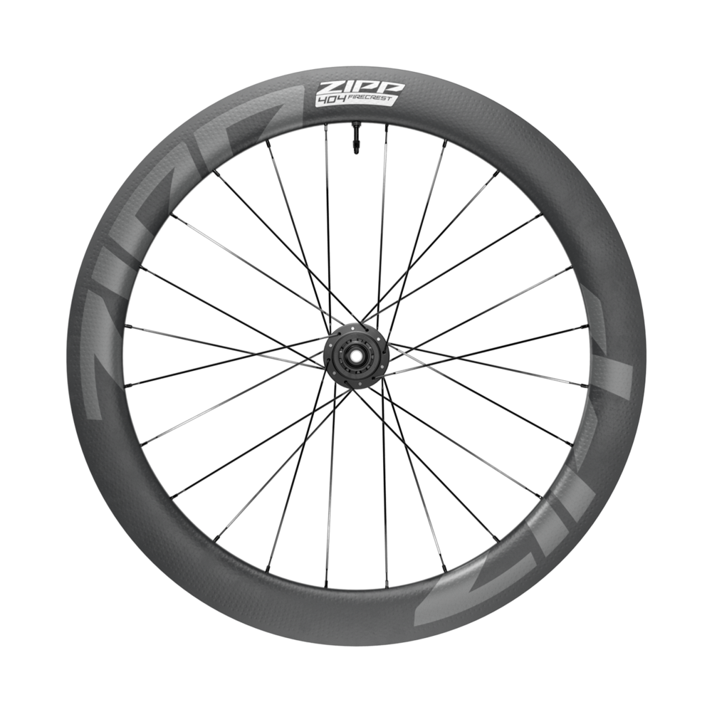 Wheelset Road Built Kit ZIPP 404 by Haro Bikes with black spokes, tubeless disc brake, and bold Zipp logo, viewed from the side.