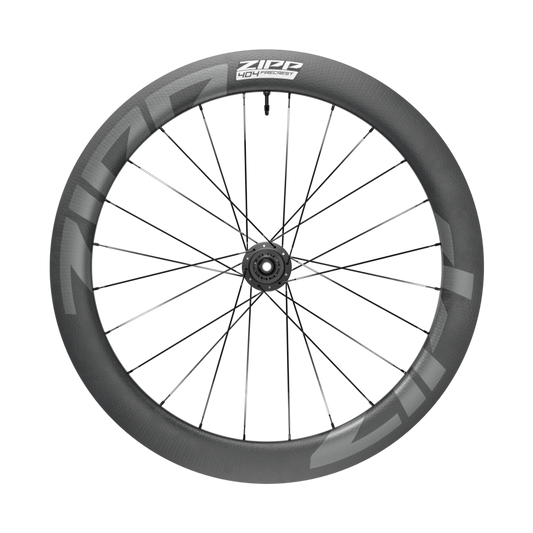 Wheelset Road Built Kit ZIPP 404 by Haro Bikes with black spokes, tubeless disc brake, and bold Zipp logo, viewed from the side.