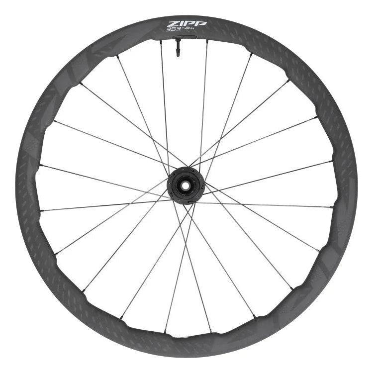 Haro Bikes Wheelset Road Built Kit ZIPP 353 NSW: black spokes, carbon fiber rim, tubeless disc brake, labeled at top.