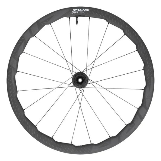 Haro Bikes Wheelset Road Built Kit ZIPP 353 NSW: black spokes, carbon fiber rim, tubeless disc brake, labeled at top.
