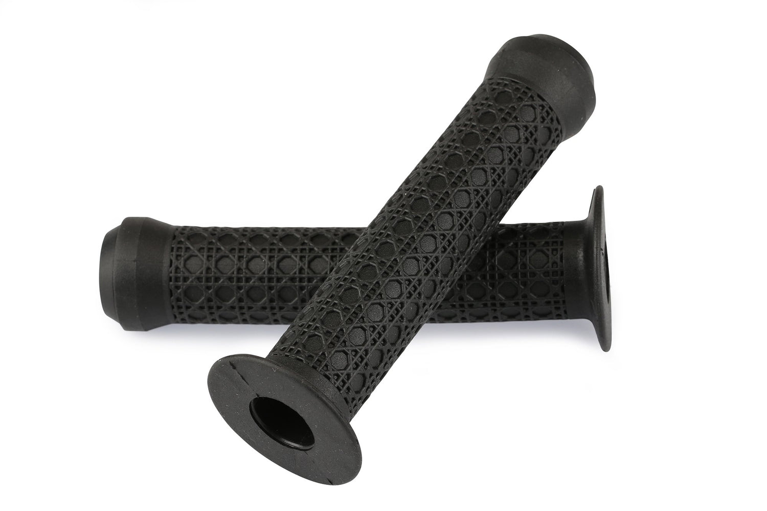 Two Haro Bikes Octagon Griffe Krayton-Gummi black grips crossed on a white background.